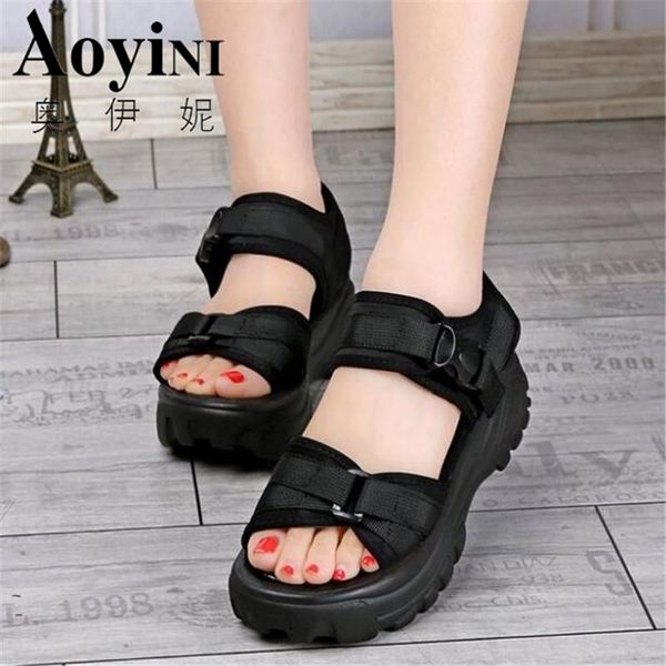 

sandals 2021 summer 6cm wedge heels sneakers women beach flip flop high platform casual breathable walking slippers, Black