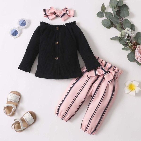 

clothing sets born baby girl clothes for girls cotton striped lace collar long-sleeved romper printing floral pants headband suit e1, White