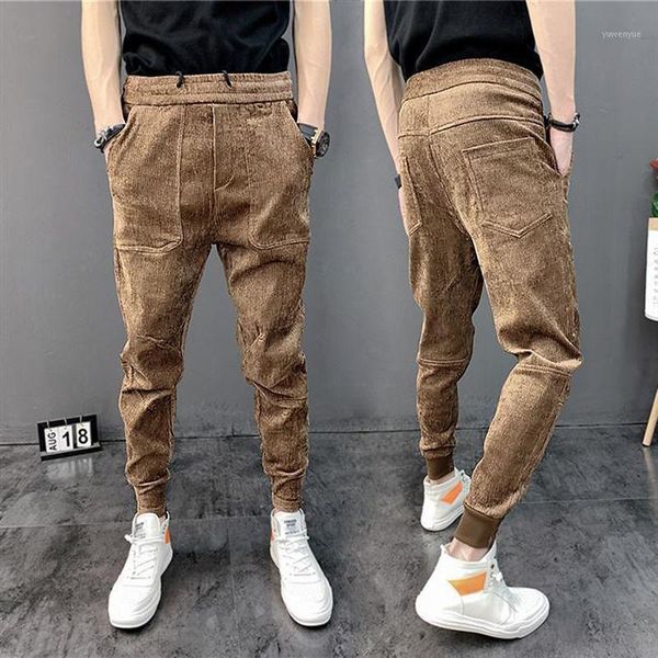 

men's pants autumn winter straight slim stretch mens harem corduroy solid slacks male casual ankle-tied ankle length jogger, Black