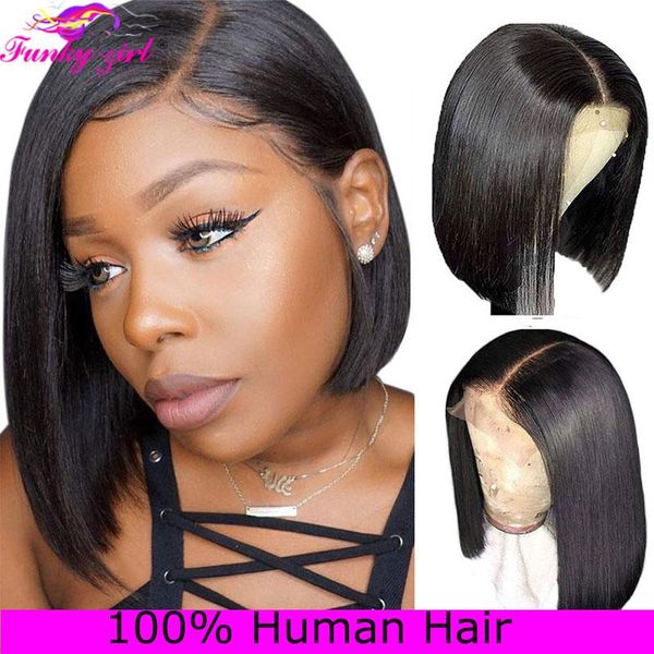 

lace wigs fg 4x4 short bob front remy closure brazilian frontal human hair cut for black women, Black;brown