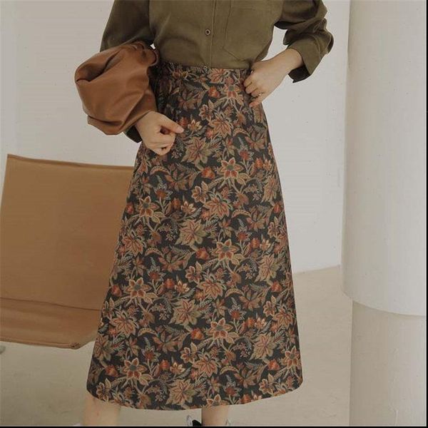 

hzirip 2021 girls autumn original sweet chic retro gold print skirt students womens high waist medium length a line skirts, Black
