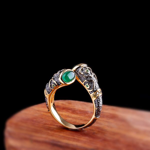 

vintage open rings 925 sterling silver ring with agate emerald for women natural stone jewelry