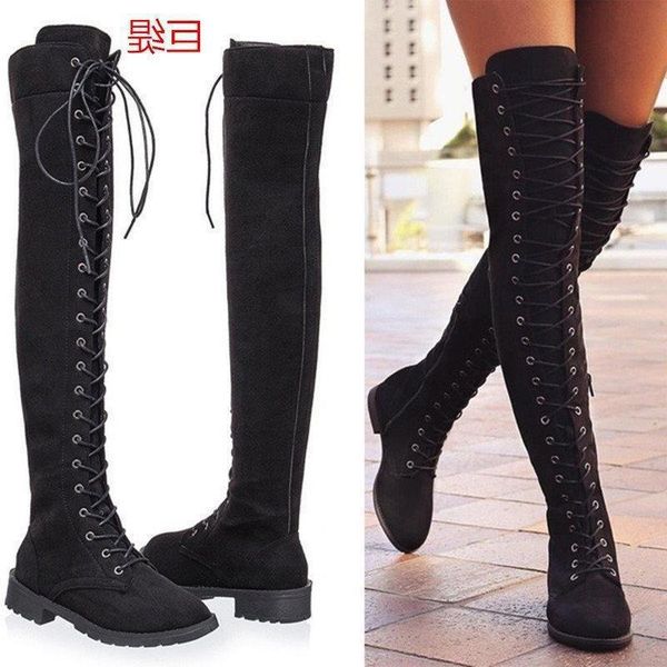 

boots 2021 plus size round toe strap long leather, Black