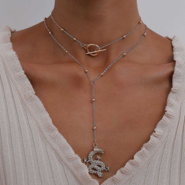 

jewelry simple ot buckle ins fashion female personality relief dragon micro inlaid multilayer necklace, Silver