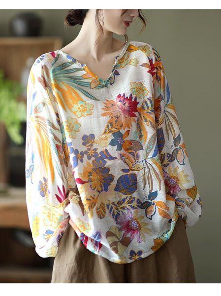 

women's blouses & shirts women summer sweet style printed v-neck collar loose full sleeve female fashion sun-protective clothing wild, White