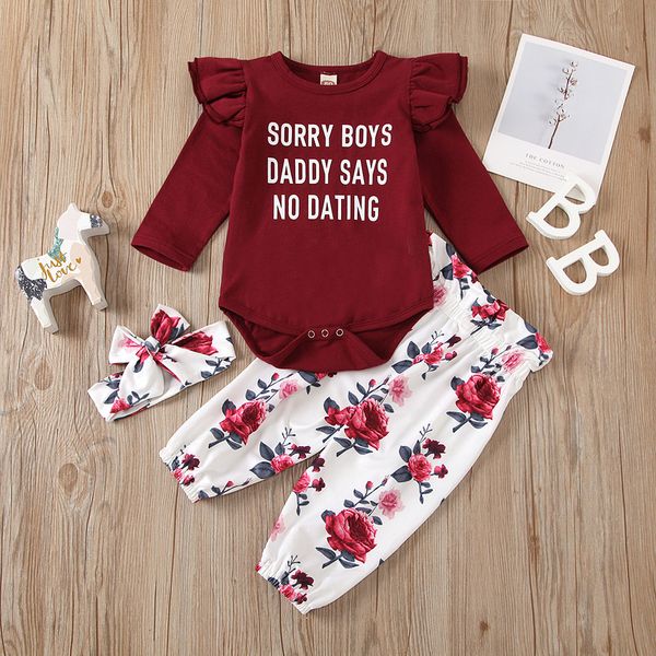 

newborn fashion romper with word 3pcs suit kids baby girl clothes, White