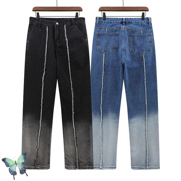 

men's jeans patchwork line straight tie dye denim pant, Blue