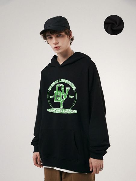 

men slogan graphic kangaroo pocket drop shoulder hoodie without tee c0ul#, Black