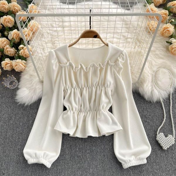 

women's blouses & shirts c234 women fashion autumn square collar fold shirt thin short mujer long sleeve blusas de blouse, White
