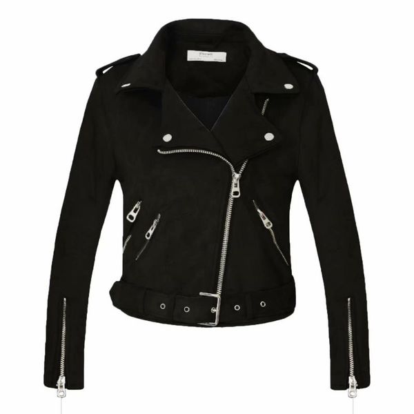 

women's leather & faux 2021 women autumn winter thick fake suede jackets sashes lady matte motorcycle coats biker zipper pocket streetw, Black