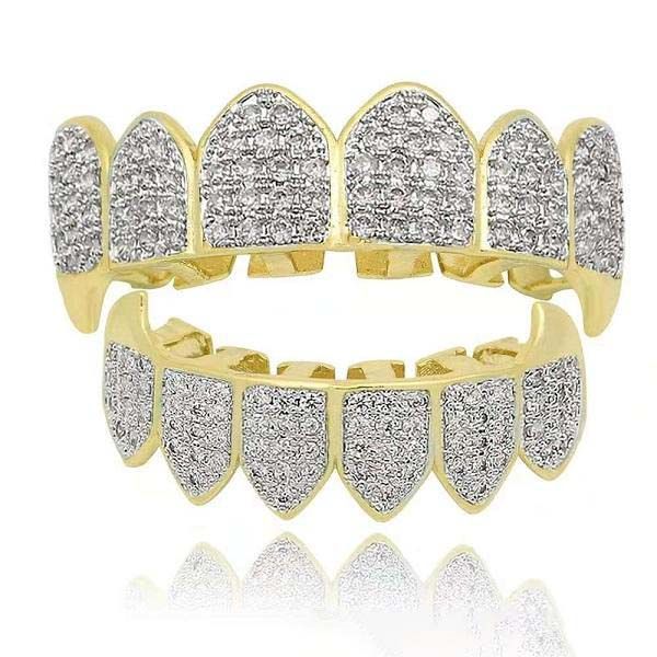 

hip hop golden grillz cool gold diamonds teeth jewelry real gold plated fashion rapper dental grills three colors golden silver, Black