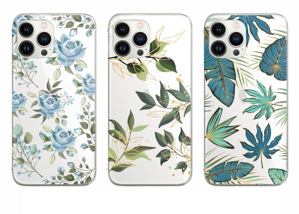 Casos de telefone transparentes semitransparentes com TPU semitransparentes eletroplacados Ultra Fine para iPhone 13 12 11 Pro Max Mini XR XS x 8 7 Plus Blue Rose Leaves