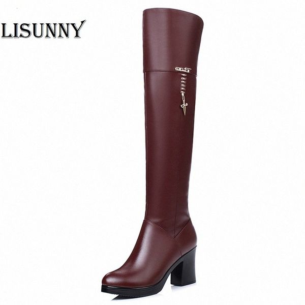 

new women's knee boots genuine leather long barrel winter plus velvet knee boots high-heeled motorcycle r5c4#, Black