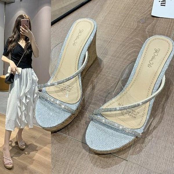 

dress shoes summer wedge sippers women high heels sandals 2021 cross strap rhinestone slippers slope heel transparent platform, Black