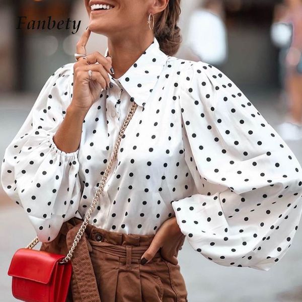 

2021 new women vintage polka dot print white blouse shirt office lady lantern sleeve autumn casual turn-down collar 5xl blusa r91y, White;black