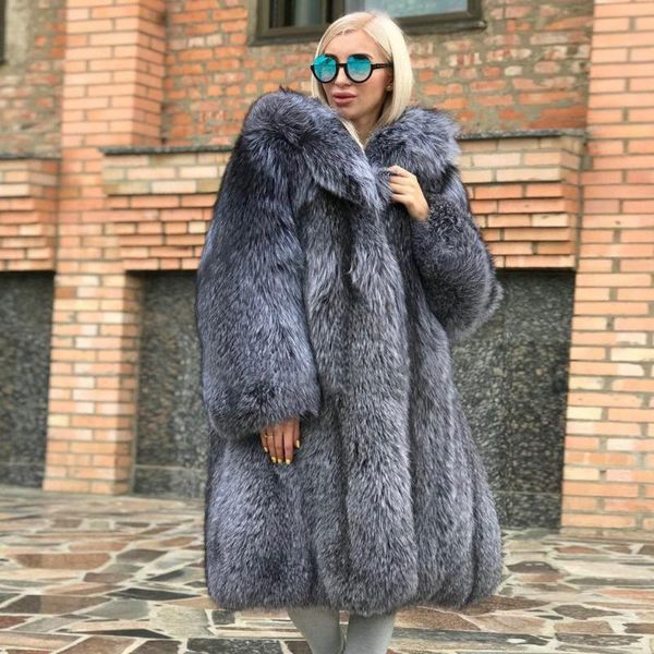 

women's fur & faux long real silver coat for women winter fashion whole skin genuine coats with big hood thick warm overcoat, Black