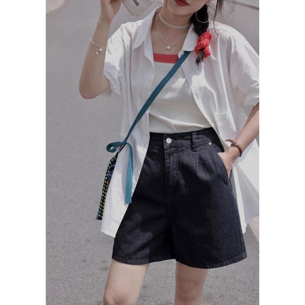 

women's jeans oyanxi dark blue denim shorts women 2021 summer high waist loose wild thin straight five-point pants