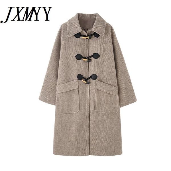 

women's wool & blends jxmyy herringbone pattern coat mid-length 2021 autumn and winter style korean loose thick horn buckle, Black
