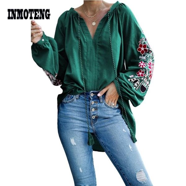 

green/black/blue/pink relaxing fit floral embroidered peasant blouse women billowy long sleeves casual loose autumn blouse t200321, White