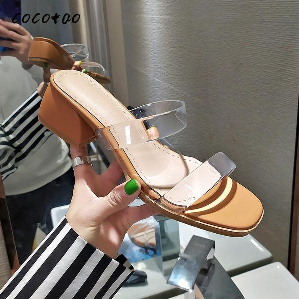 

slippers transparent female summer wear plastic fashion 2021 sandals women medium heel thick, Black