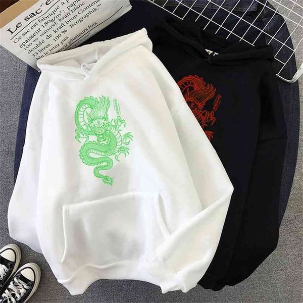 Kış Streetwear Top Hoodie Ulzzang Harajuku Kawaii Vigtage Çin Ejderha Baskı Tişörtü Rahat Bayan Hoody 210816