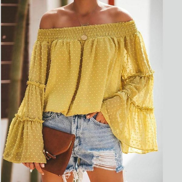 

ruffles off shoulder blouses for polyester women fashion casual summer trumpet long sleeve ladies print boho cotton shirts blusas, White