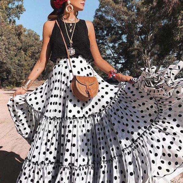 

women layered skirts polka dot skirts womens maxi skirt 2021 high waist summer maxi long skirt pleated beach jupe femme t1g, Black