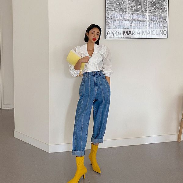 

new 2021 waist women harem pants korean style outfits casual high street denim trousers pantalon femme vintage jeans cvqj, Blue