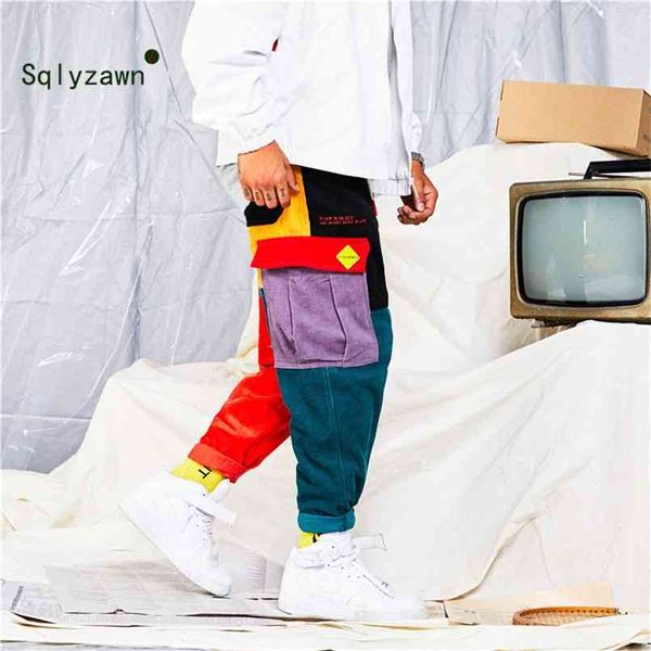 

corduroy color block patchwork streetwear cargo pants men and women fall harajuku plaid loose harem jogger sweatpant trousers 210810, Black