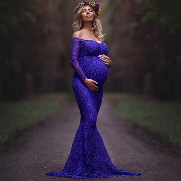 

casual dresses pregnant women fashion summer formal maternity lace floral off the shoulder long mermaid dress pography po, Black;gray
