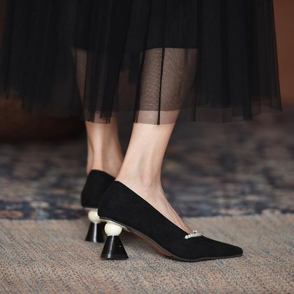 

dress shoes luxury novelty strange pearls high heels women 2021 spring slip on natural genuine leather pumps evening, Black