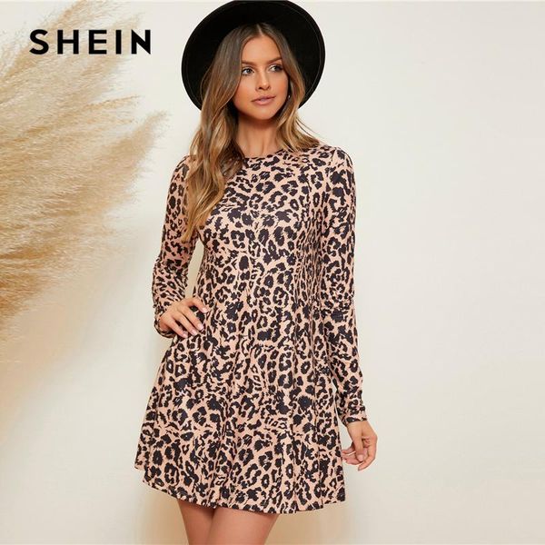 

shein multicolor leopard print dress women spring round neck long sleeve flared casual short dresses, Black;gray