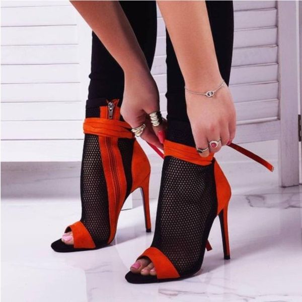 

dress shoes peep toe stiletto short boots sandals women zip hollow out high heels black and red summer woman