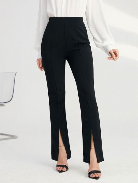 

solid split hem pants t2dm#, Black;white