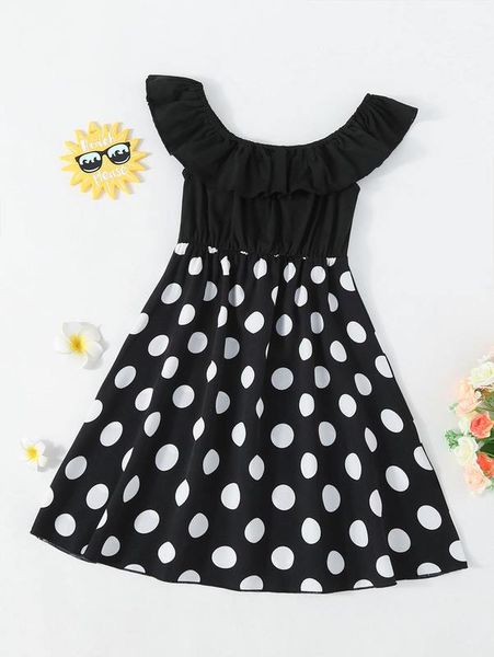 

girls polka dot print ruffle trim dress she, Red;yellow