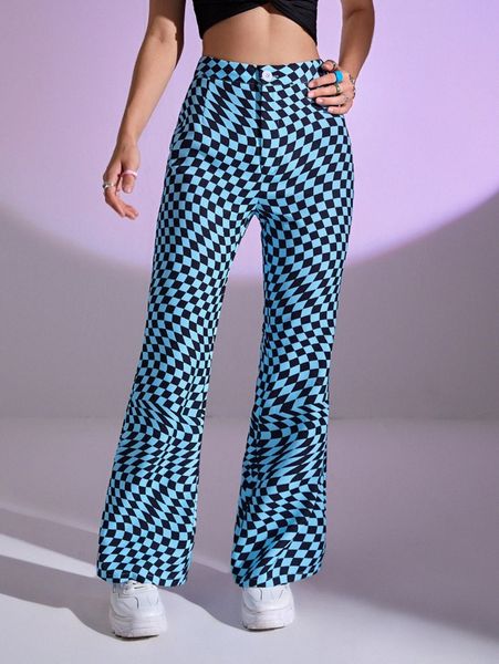 

high waist checkered print flare leg pants w5kt#, Black;white