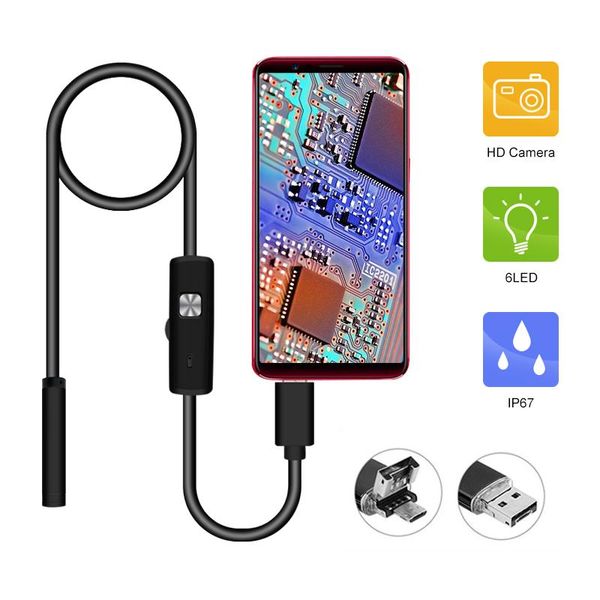 

mini cameras 1m 2m 7mm lens 2 in 1 android/pc 720p hd endoscope tube waterproof snake borescope usb inspection camera with 6 led