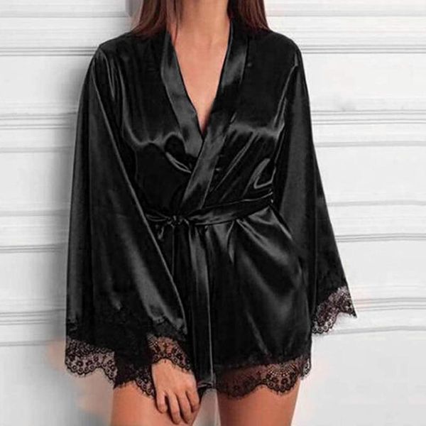 

women's sleepwear satin bathrobe sets sheer silk nightgown floral lace robes lingerie female bridesmaid kimono, Black;red