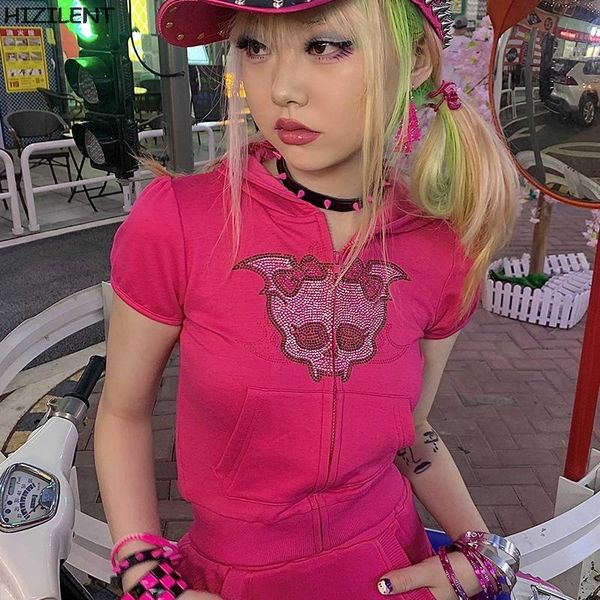 

women's hoodies & sweatshirts rhinestone skull gothic streetwear short sleeve black zip hoodie y2k hip hop crop sweatshirt korean fashi