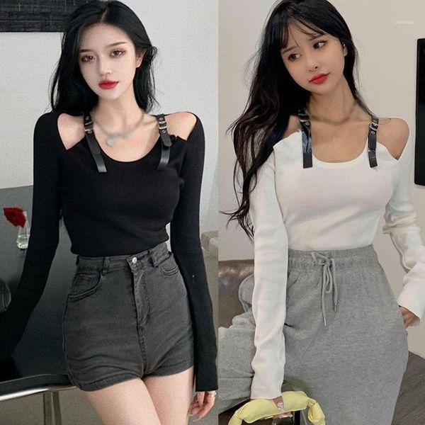 

women's sweaters scheming fake two-piece clavicle hollow belt sweater pullover, White;black