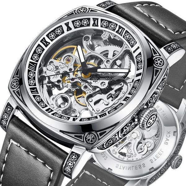 

wristwatches luxury hollow mechanical watch men exquisite carving steampunk skeleton automatic self-wind watches leather sport military cloc, Slivery;brown