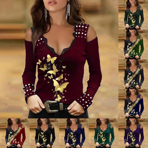 

women's t-shirt autumn butterfly print off shoulder lace v-neck top, White