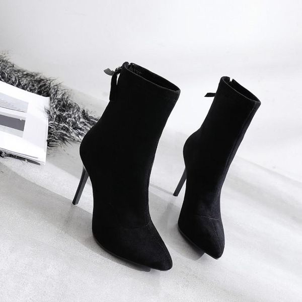 

boots big size 9 10 17 women shoes ankle for ladies solid color pointed fringe metal trim, Black