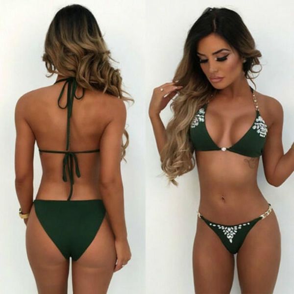 

women's swimwear women rhinestone bikini set solid color push-up padded halter lace up mid waist swimsuit bathing beachwear, White;black
