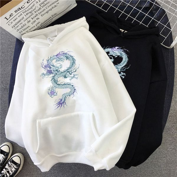 

cool dragon plus size print sweatshirts women oversized hoodies female pullovers casual hoody harajuku korean style clothes, White