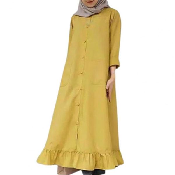 

casual dresses women dress ruffle hem maxi solid color round neck long sleeve with pocket single-breasted, Black;gray