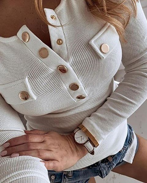 

women's blouses & shirts 2021 women stylish casual fashion plus size 3xl leisure shirt buttoned ribbed long sleeve blouse, White