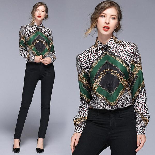 

women's blouses & shirts leopard paldi green quality spring runway woman 2021 long sleeve blouse shirt designer ol elegant, White