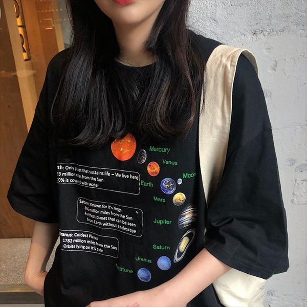 

harajuku solar system planet and men women print casual loose hip hop streetwear summer cotton punk korean grunge vintage, White;black