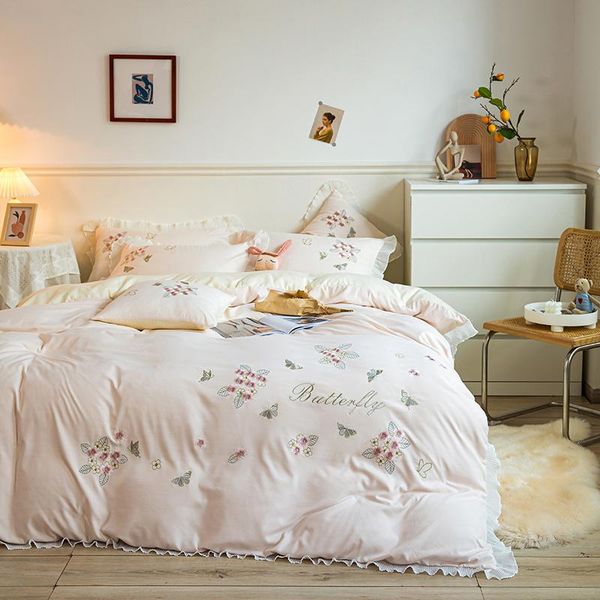 

bedding sets luxury princess 4pcs set butterfly flowers embroidery ruffles duvet cover quilt bed comforter fitted sheet
